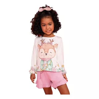 Conjunto Infantil Menina Blusa Manga Longa E Shorts Juvenil