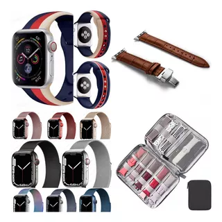 Combo Para Apple Watch, Malla Silicona, Cuero, Iman Estuche.