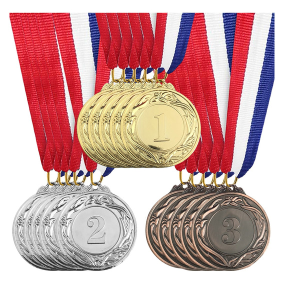 15 Pzs Medallas Metalica De Oro Plata Bronce Con Lanyard