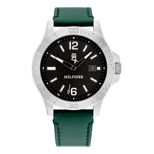Reloj Tommy Hilfiger Hombre Casual Verde Cuero 1710531 Color del bisel Plateado Color del fondo Negro