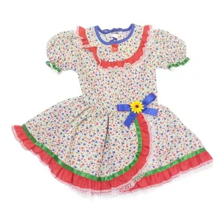  Vestido Junino Infantil Janaina Bege Florido Fantasias