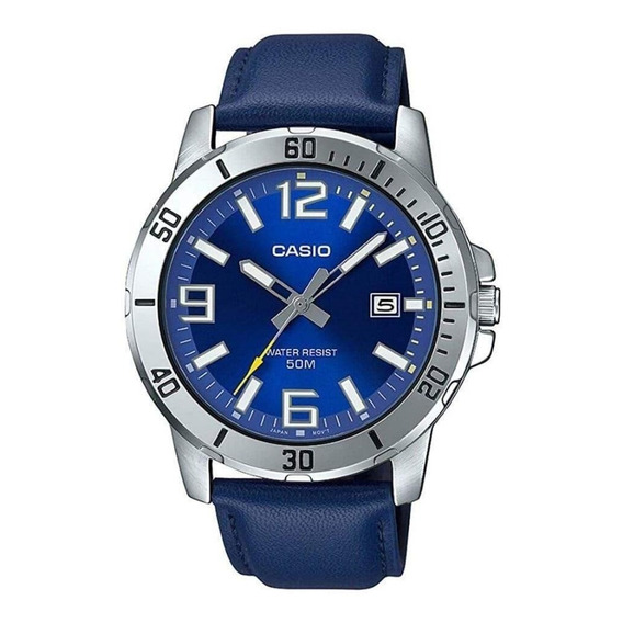 Reloj pulsera Casio Dress MTP-VD01sg1-B de cuerpo color plateado, analógico, para hombre, fondo azul, con correa de cuero color azul, agujas color gris, blanco y amarillo, dial blanco y plateado, minu