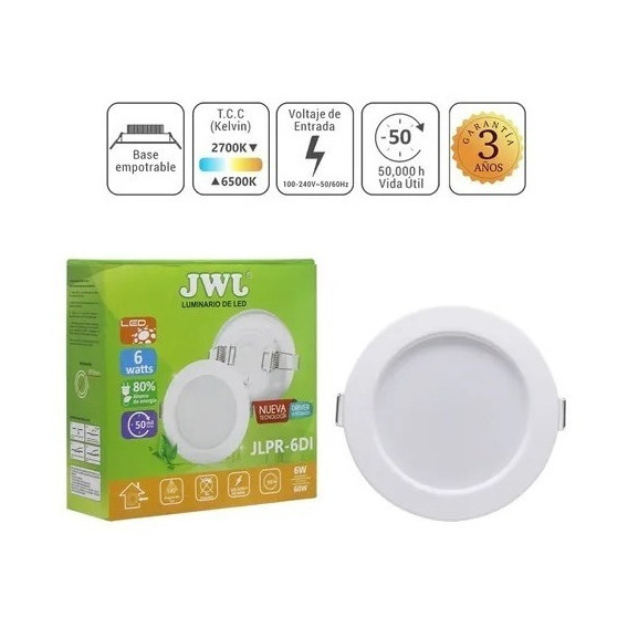 Plafon Led 6w Empotrable Luz Blanca Redondo Di 15 Pzs Jwj Color Blanco