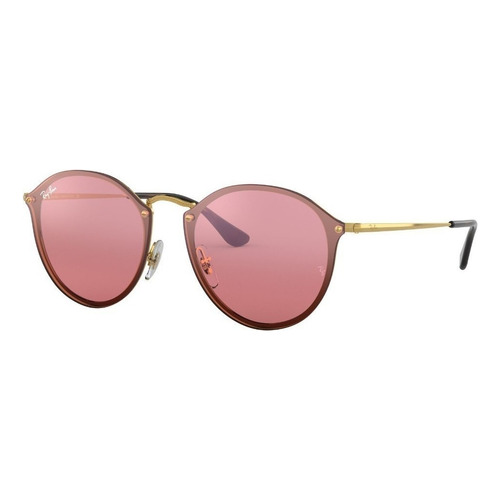 Gafas de sol Ray-Ban Round Blaze Standard con marco de metal color polished gold, lente pink de plástico espejada, varilla polished gold de metal - RB3574N