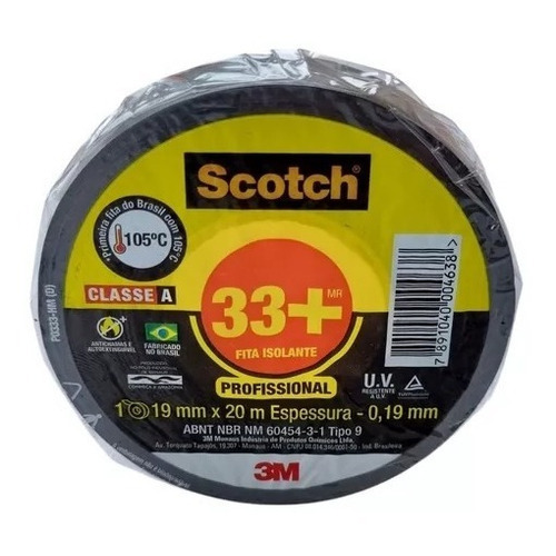 Cinta aislante Scotch 33+ de 3 m, 19 mm x 20 metros, compatible con 105 °C, color negro liso