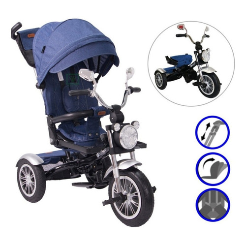 Triciclo Ebaby Llantas De Goma Luces Sonido Para Bebe Niños Color Azul Gris