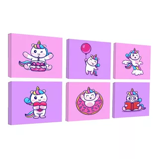 Set De 6 Cuadros, Canvas Decorativos Unicornios 30x30 Cm C/u