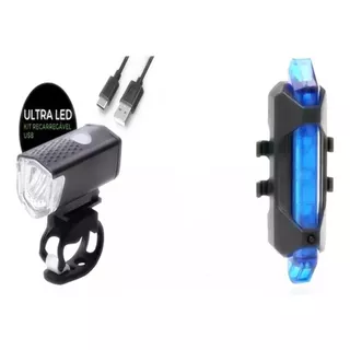 Kit Farol E Lanterna De Bike 300 Lúmens Recarregável Usb Cor Preto/azul