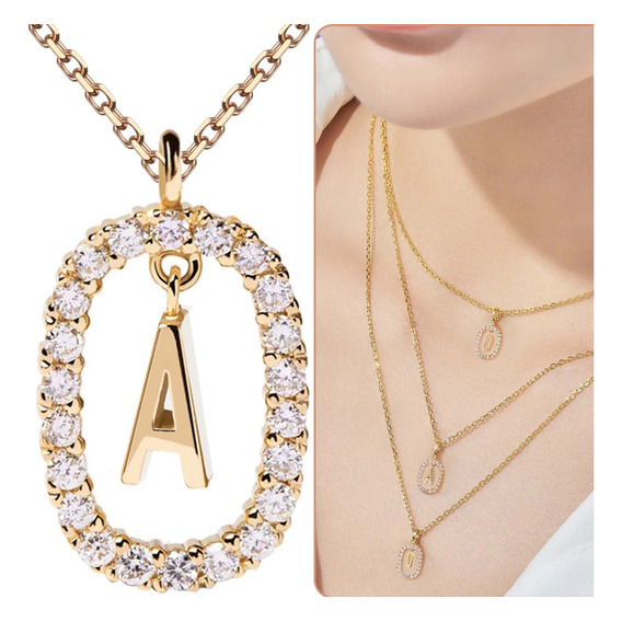 Collares Mujer Inicial Letras Oval Baño Oro 18k Zirconias