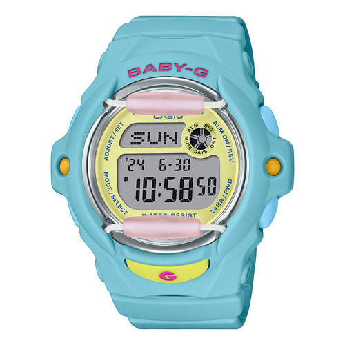 Reloj Mujer Casio Baby-g Bg-169pb-2d Celeste Digital Wr100m Color de la malla Azul Color del bisel Azul Color del fondo Amarillo