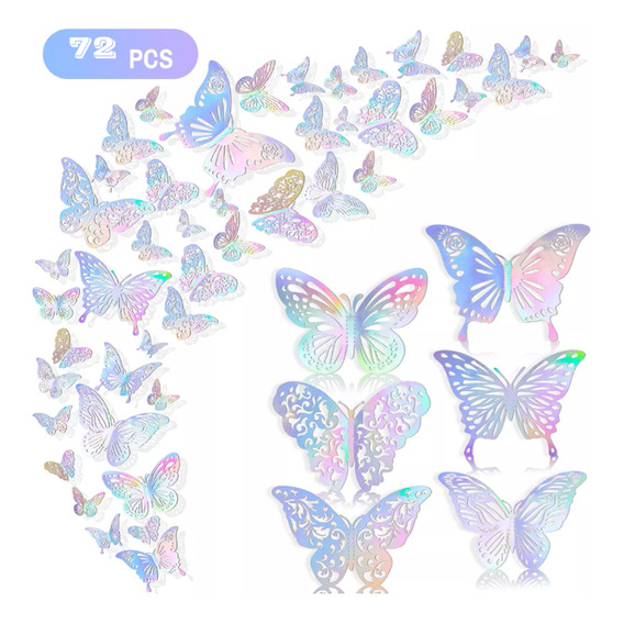 72pzs Mariposas Decorativas, 3d Pared Colore Metalicos Huec Color Plata