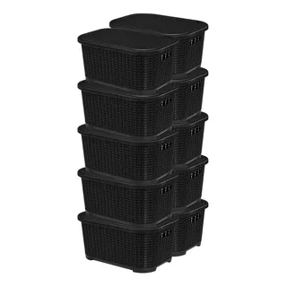 Set X10 Cajas Organizadoras Simil Rattan Con Tapa Apilables