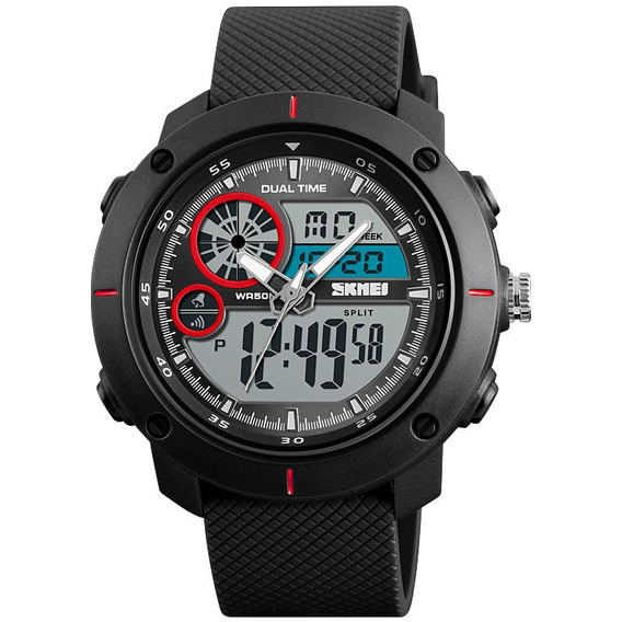 Reloj Analógico Digital Grande Skmei Negro Rojo Hora Doble