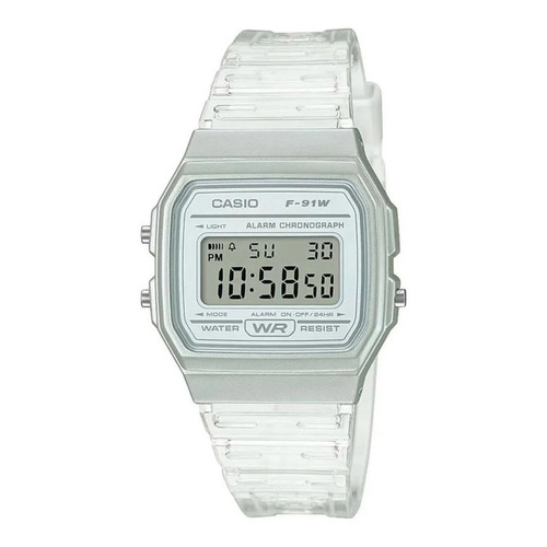 Reloj pulsera Casio Collection F-91WG-9QDF-SC de cuerpo color plateado, digital, para hombre, fondo gris, con correa de resina color transparente, dial negro, minutero/segundero negro, bisel color plateado y hebilla simple