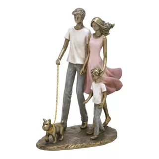 Escultura Decorativa Casal Com Filho E C/ Pet Mabruk Estátua Cor Familiacomfilhoepet