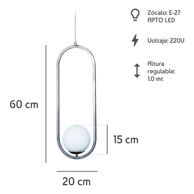 Colgante 1 Luz Marsella Oval Large Cromo Globo Opal Apto E27