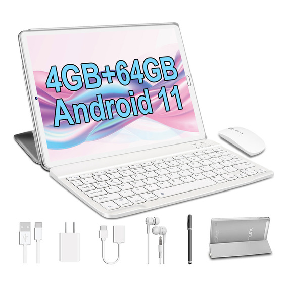 YESTEL Plata Tablet 10 Pulgadas con 4GB RAM 64 GB ROM TF 1 TB  Android 11 HD WiFi Cuerpo de Metal con Funda Teclado Ratón Bluetooth 5.0 Octa-Core 2.0 GHz Camara 5MP+8MP GPS 6000mAh