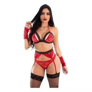 Lingerie Sexy Malicia Sensual Renda Sedutora Completa + Meia