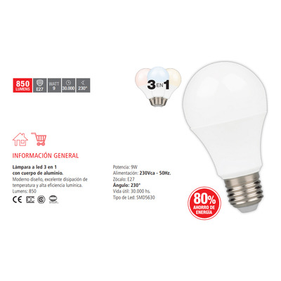 Lampara Led E-27 9w 3 En 1 Calida Neutra Y Fria Tbcin