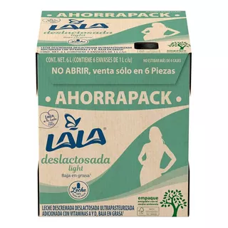 Leche Uht Lala Deslactosada Baja En Grasa 6 Pack De 1l.