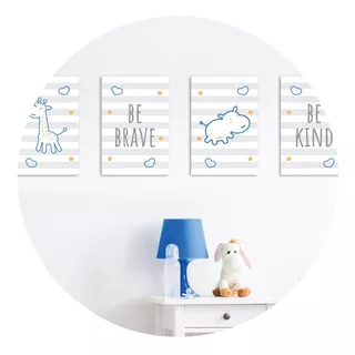 Placa Decorativa Girafa E Hipopótamo Azul Kit 4un 30x40cm Infantil