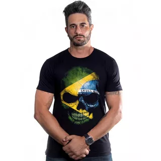 Camiseta Caveira Brasil Skull Ride Camisa Patriota Militar 