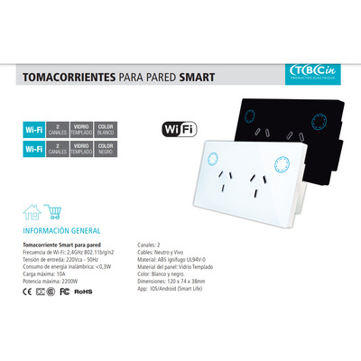 Tomacorriente Smart Para Pared 2 Canales 10a Blanco Tbcin