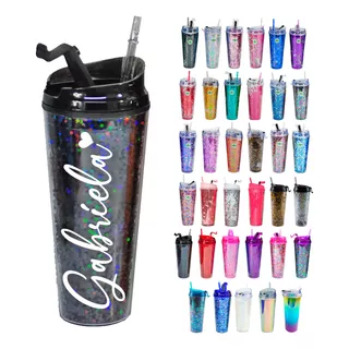 Termo Vaso Glitter Personalizado (popote Y Tapa Antiderrame)