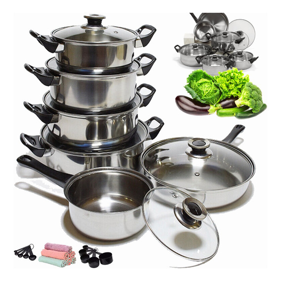 Kit Batería De Cocinasartenes Y Ollas Soperas Con Tapa 12pcs Color Plata