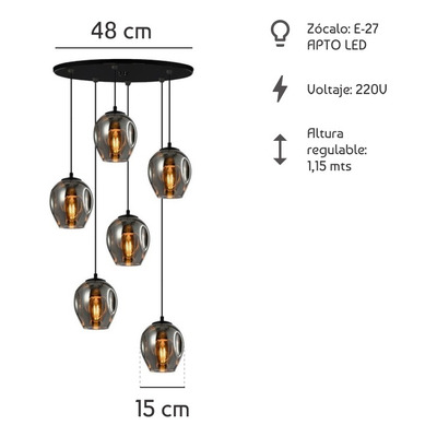 Colgante 6 Luces Ástrid Humo Base Redonda 48cm Apto Led E27