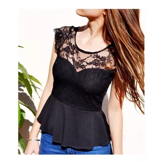 Blusa Vestir Lisa Encaje Elastizada Peplum Todos Los Talles