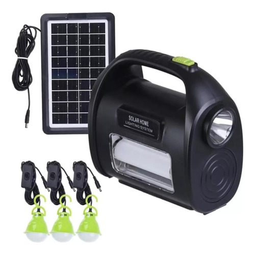 Kit Luces Panel Solar Con 3 Lamparas Led Linterna Camping Color Negro