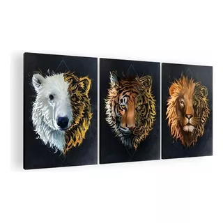 Cuadro Decorativo Mural Triptico Animals 90x42 Mdf Color N/a