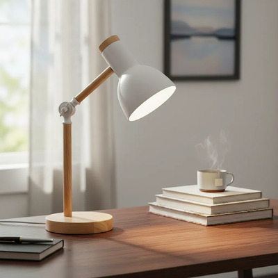 Lampara Velador Lena Metal Madera Blanco Apto Led E27 Ld Madera Blanco