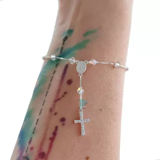 Pulseira Feminina Terço Cruz Prata 925 E Zircônias Coloridas