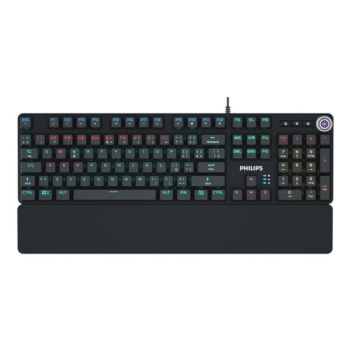 Teclado gamer Philips Serie G605 SPK8605 QWERTY Philips Cyan inglés US color negro con luz rainbow