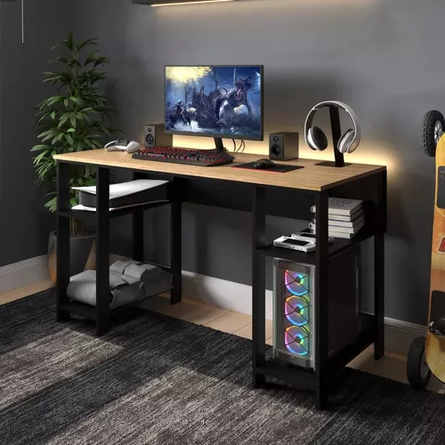 Mesa retro para PC Gamer, madera industrial con nichos, laminado de color  con negro