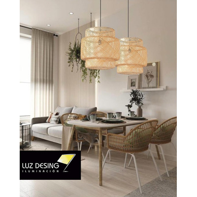 Colgante Deco Moderno De Bambu 40x40 Natural Apto Led E27 