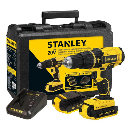 Taladro percutor atornillador inalámbrico de 13mm Stanley SCH201C2K 20V + accesorio con estuche de plástico 120V 60Hz