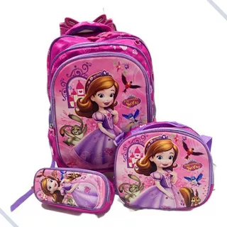 Kit Mochila Com Rodinha Princesa Sofia Estojo Lancheira Rosa