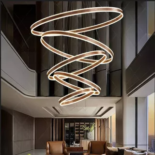 Lustre Pendente Led Rustico 5 Aros Pé Direito Duplo Cobre