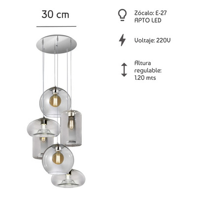 Colgante 6 Luces Desigual Transparente Base Redonda Led E27