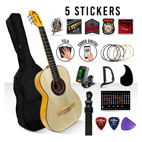 Kit De Guitarra Acústica Con Accesorios + Stickers Color Azul Material del diapasón Álamo Orientación de la mano Zurdo