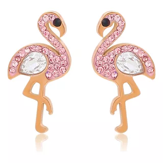 Aretes Flamingo Oro 14k Lam Swarovski Rosa Broquel Dama 