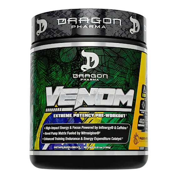 Pre Entreno Dragon Pharma Venom 40 Servs Extrema Potencia Sabor Passion Fruit