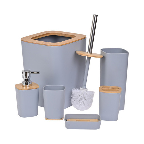 Set Juego Baño 6 Piezas Plastico Bambu Jabonera Organizador Gris