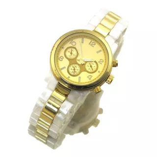 Belíssimo Relogio Feminino Dourado Com Branco De Pulso B3631