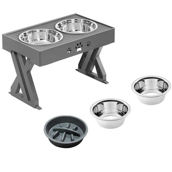 Comedero Bebedero Para Perros Altura Ajustable +  2 Platos Acero + Plato Dificultad - Color Gris