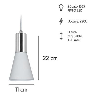Colgante 1 Luz Conico Elena Cromo Apto Led E27 Diseño Mks