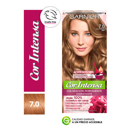 Kit Tinta, Oxidante Cor Intensa  Aceite de flores Kit Coloración Permnente Hidratante Garnier Cor Intensa tono 7.0 rubio 20Vol. para cabello